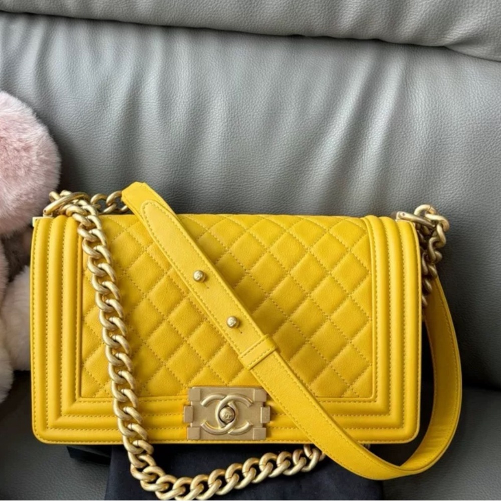 new Chanel Yellow Medium Le Boy, pristine condition with authenticity card.